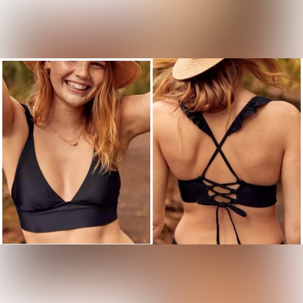 Aerie black ruffle longline bikini top size small S criss cross cute‎